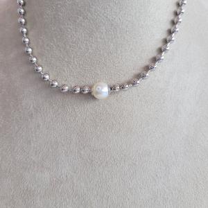 Corrente / Colar Bolinha Canutilho Com Pingente Pérola Com Extensor Ródio Branco 3mm 40cm
