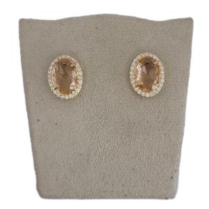 Brinco Oval Pedra Morganita Cravação Inglesa Micro Zircônia Folheado A Ouro