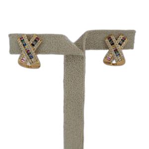 Brinco Laço Invertido Cravejado Micro Zircônia e Navete Colorido Dourado