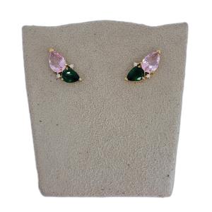 Brinco Gota Boêmio Rosa e Verde Folheado A Ouro
