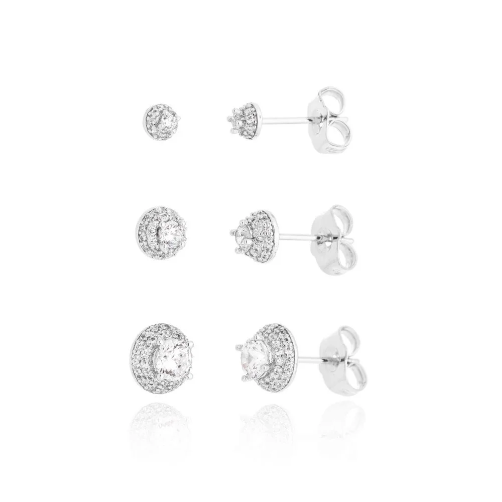 Trio Brinco Ponto de Luz Cravejado Micro Zircônia Banho Platina