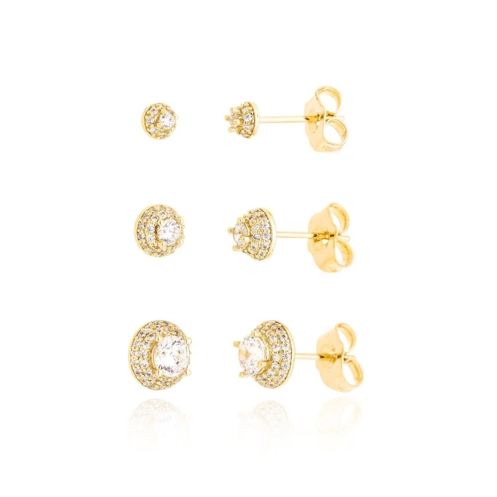 Trio Brinco Ponto de Luz Cravejado Micro Zircônia Folheado A Ouro