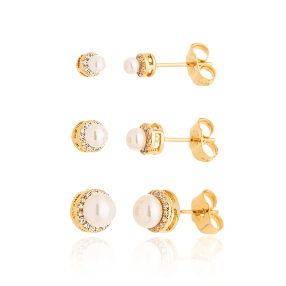 Trio Brinco Pérola Cravejado Micro Zircônia Folheado A Ouro