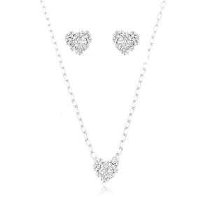 Conjunto Elo Cartier Coração Cravejado Zircônia Navete Banho Platina 45cm + Extensor