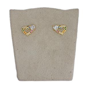Brinco Coração Vazado Cravejado Micro Zircônia Colorido Com Coração Cristal Folheado A Ouro