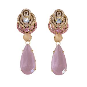 Brinco Longo Gota Rosa Cravejado Micro Zircônia Colorido Folheado A Ouro