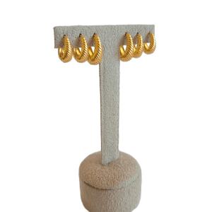 Trio Brinco Argola Oval Riscada Folheado A Ouro