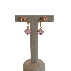 Duo Brinco Argola E Ponto de Luz Pedra Quadrada Rosa Bebê Folheado A Ouro