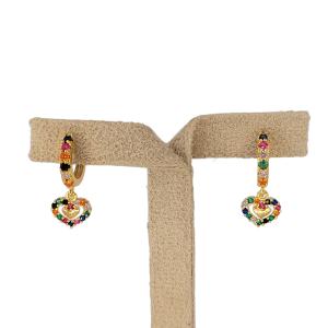 Brinco Argola Coração Cravejado Micro Zircônia Colorido Folheado A Ouro