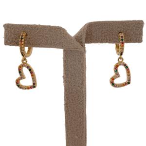 Brinco Argola Cravejado Com Coração Vazado Cravejado Micro Zircônia Colorida Dourado