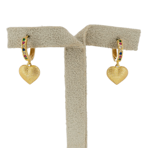 Brinco Argola Cravejado Microzircônia Colorido Com Coração Cravejado Microzircônia Folheado A Ouro