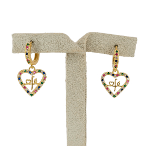 Brinco Argola Coração Fé Cravejado Micro Zircônia Colorida Folheado A Ouro