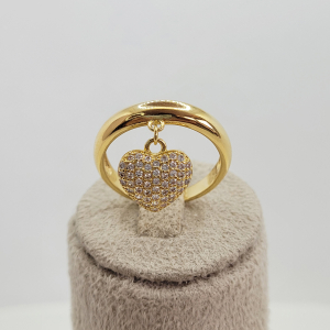 Anel Liso Com Pingente Coração Pendurado Cravejado Microzircônia Folheado A Ouro nº19