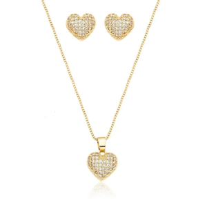 Conjunto Elo Veneziana Coração Cravejado Microzircônia Folheado A Ouro 45cm + Extensor