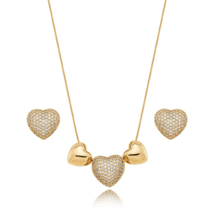 Conjunto Classic Coração Cravejado e Liso Folheado A Ouro