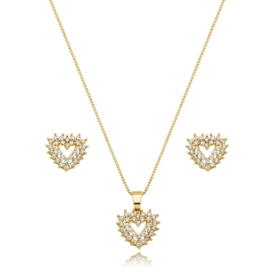 Conjunto Classic Coração Cravejado Microzircônia Folheado A Ouro