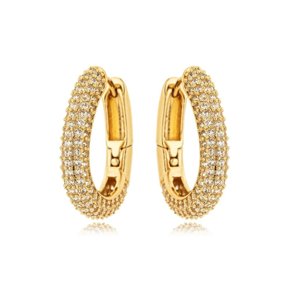 Brinco Argola Classic Click Cravejado Microzircônia Folhedo A Ouro