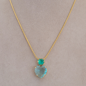 Colar Rabo de Gato Coração Cristal Azul Folheado A Ouro Fecho Gravatinha Ajustável