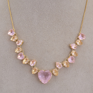 Colar Corações Rosa Folheado A Ouro 45cm + Extensor