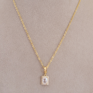 Colar Elo Oval Pingete Retangular Cristal Cravejado Microzircônia Folheado A Ouro 45cm + Extensor