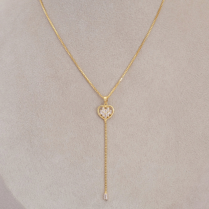 Colar Elo Veneziano Coração Microzircônia Navete Folheado A Ouro 45cm + Extensor