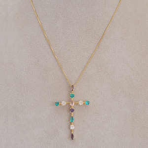 Colar Elo Veneziana Cruxifixo Colorido Folheado A Ouro 45cm