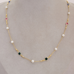 Colar Elo VenezianA Cristais Coloridos e Pérolas Folheado A Ouro 60cm + Extensor