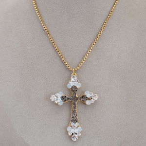 Colar Elo Veneziana Quadrado Com Crucifixo Cristal Verniz Italiano 45cm + Extensor