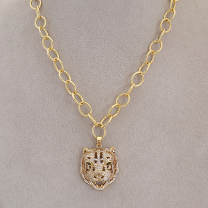 Colar Elo Oval Tigre Cravejado Microzircônia Folheado A Ouro 40cm + Extensor