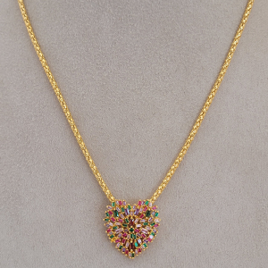 Colar Elo Pipoca Coração Cravejado Mcrozircônia Navete Colorida Verniz Italiano 50cm + Extensor