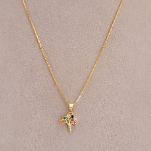 Colar Elo Veneziana Com Pingente Árvore da Vida Cravejado Microzircônia Colorida Folheado A Ouro 45cm + Extensor PP