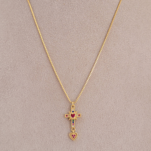 Colar Elo Veneziana Cruxifixo Cravejado Microzircônia Colorida Folheado A Ouro 45cm + Extensor