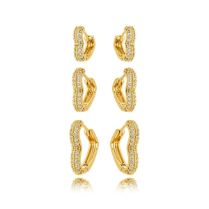 Trio Brinco Classic Coração Cravejado Microzircônia Folheado A Ouro