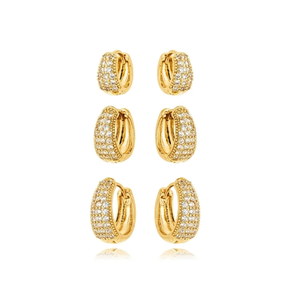 Trio Brinco Argola Oval Cravejado Microzircônia Folheado A Ouro