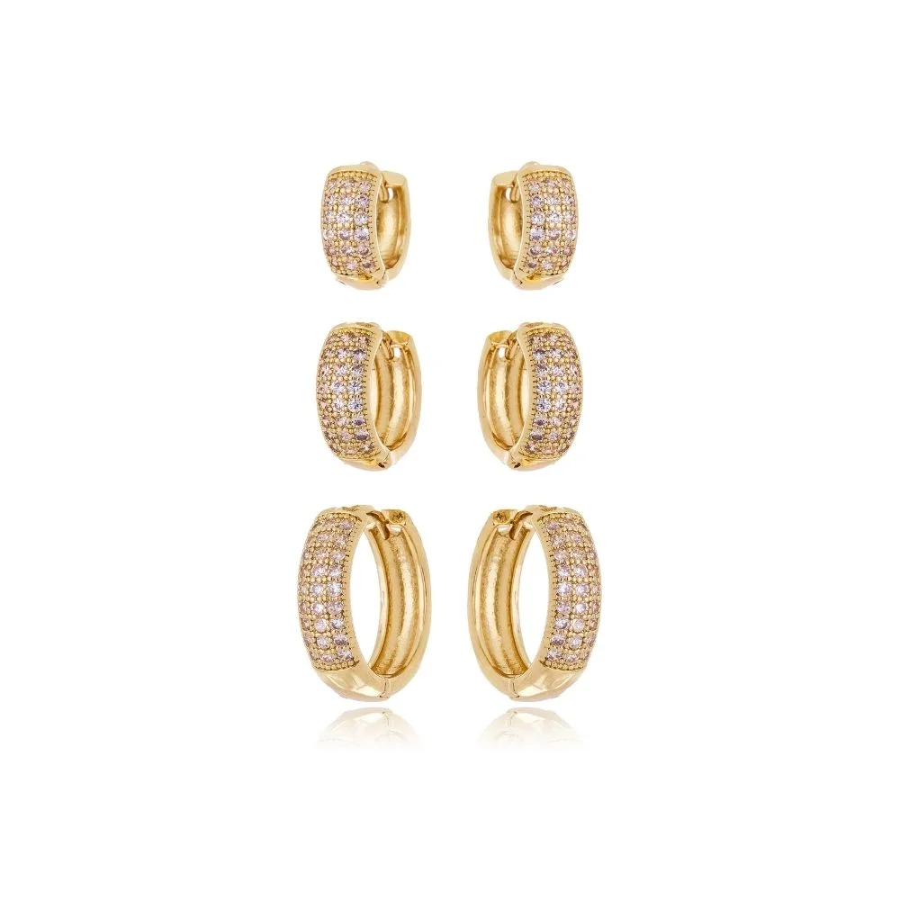 Trio Brinco Argola Cravejado Microzircônia Folheado A Ouro