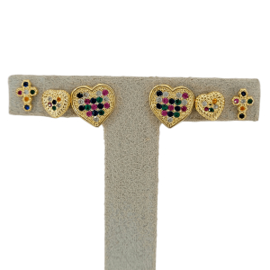 Trio Brinco Coração e Cruz Cravejado Microzircônia Colorido Folheado A Ouro