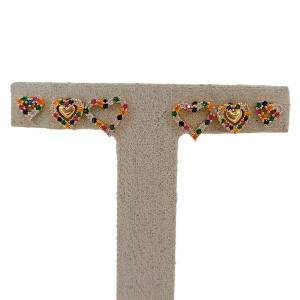 Trio Brinco Coração Cravejado Microzircônia Colorido Folheado A Ouro