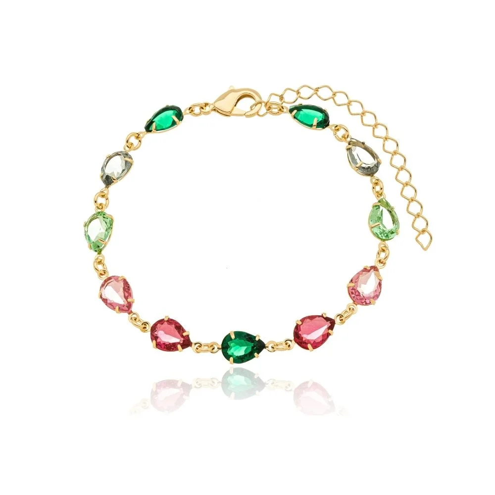 Pulseira Golden Garden Gotas Colorful Folheada a Ouro 16cm + Extensor