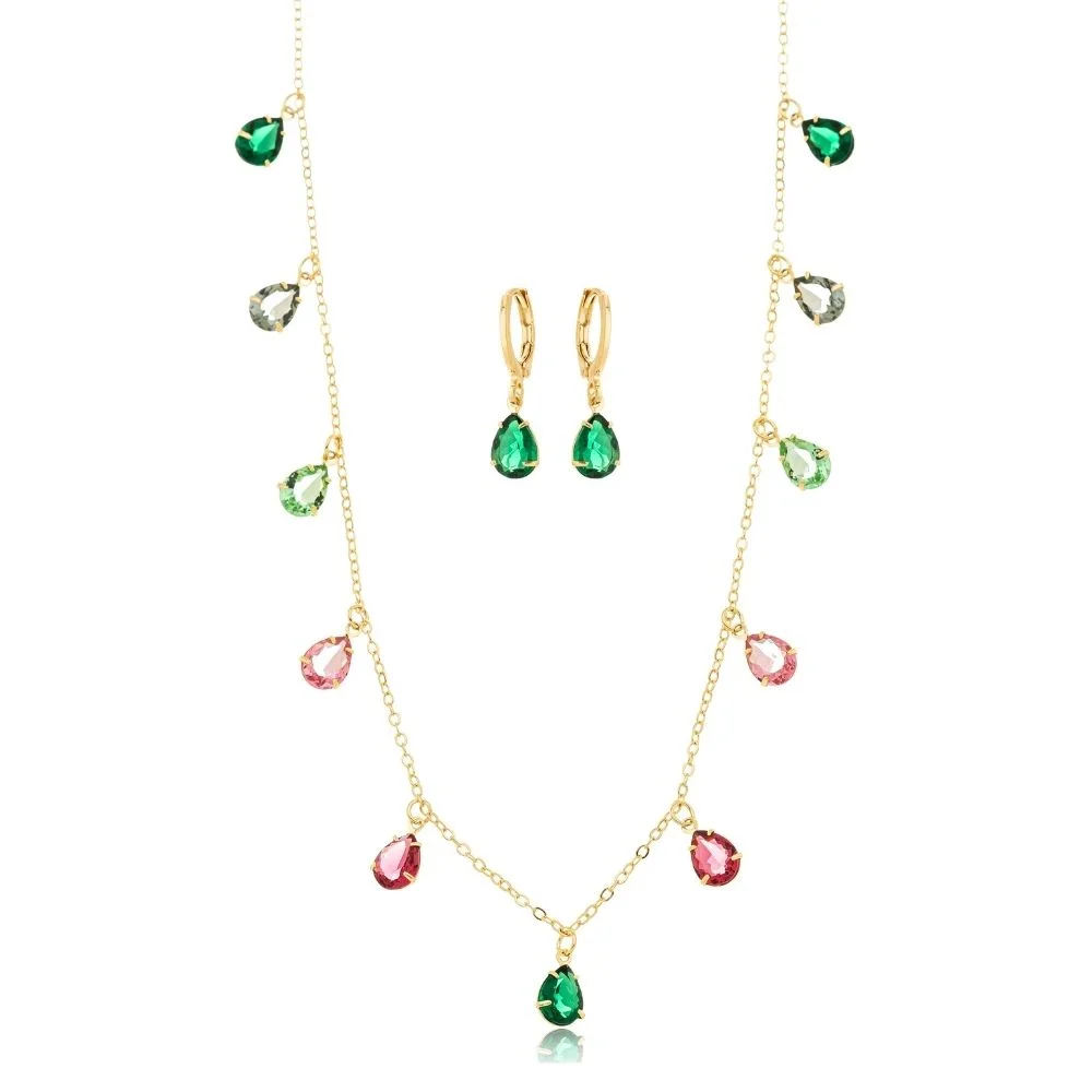 Conjunto Golden Garden Gotas Colorful Folheado A Ouro 35cm + Extensor