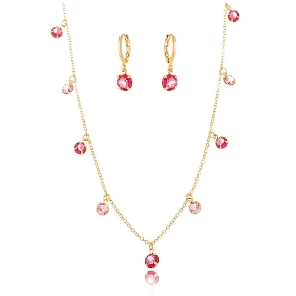 Conjunto Golden Garden Redondo Rubelita Safira Rosa Folheado A Ouro 35cm + Extensor