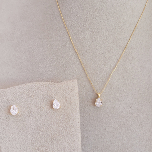 Conjunto Elo Veneziana Com Pingente Gota Zircônia Folheado A Ouro