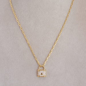 Colar Elo Cartier Cadeado Cravejado Microzircônia Folheado A Ouro 45cm + Extensor