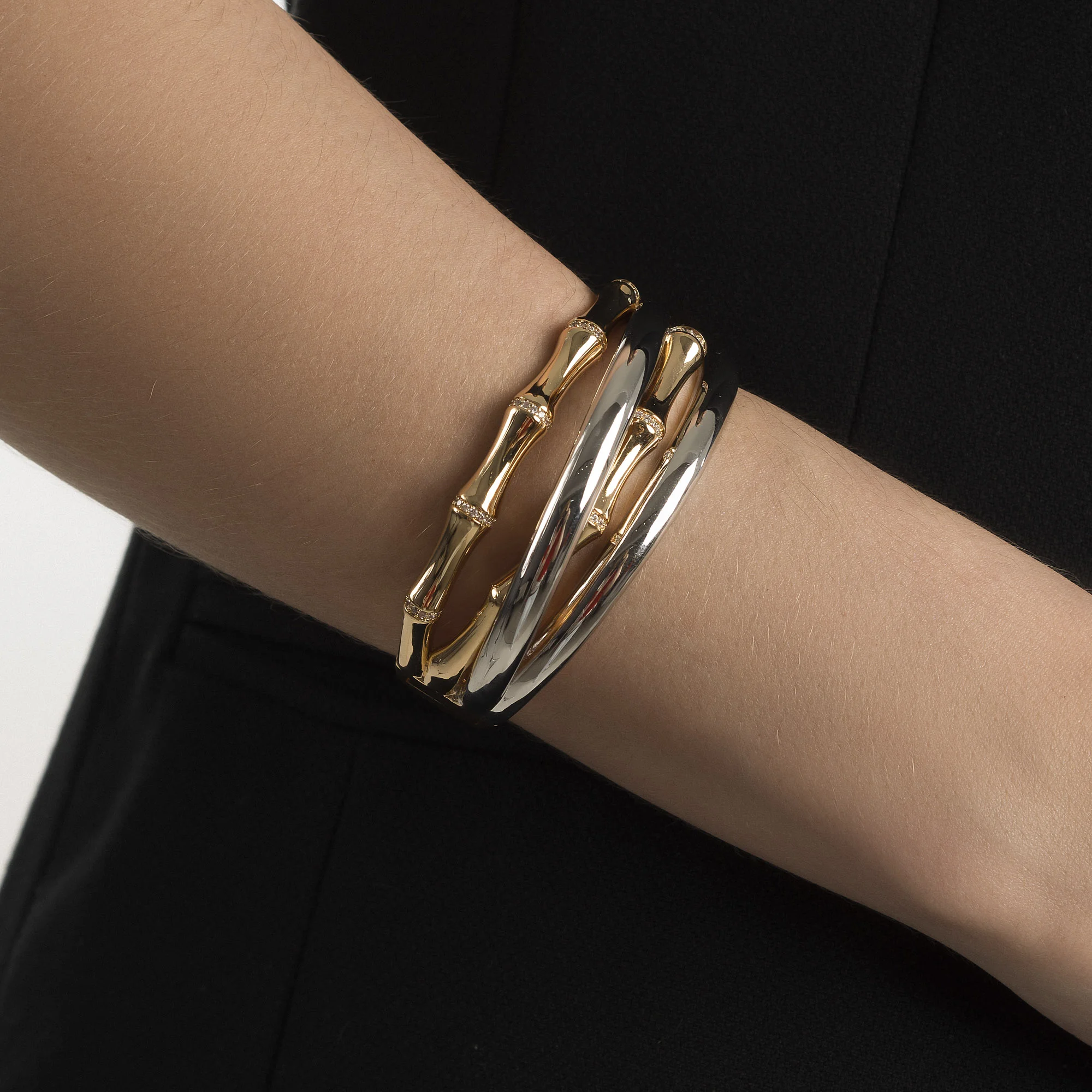 Bracelete Dual Bambu Duo Banho Microzircônia Folheado A Ouro