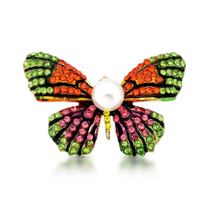 Broche Borboleta Cravejada Colorida Com Detalhe em Pérola Folheado A Ouro