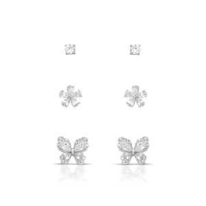 Trio Brinco Mix Borboleta Cravejado Microzircônia e Navete Cristal Ródio Branco