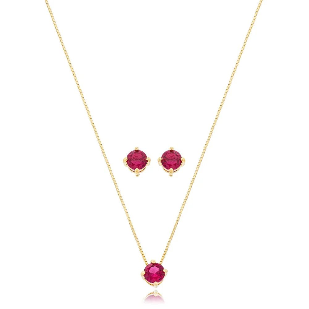 Conjunto Golden Garden Zircônia Fúscia Folheado A Ouro