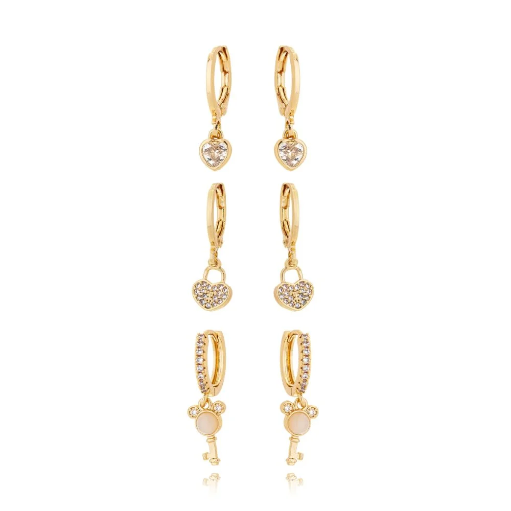 Trio Brinco Argola Classic Chave Cravejado Microzircônia Folheado A Ouro