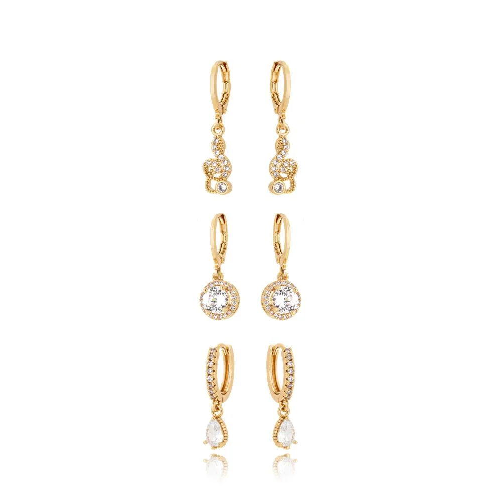 Trio Brinco Argola Classic Nota Musical Cravejado Microzircônia Folheado A Ouro