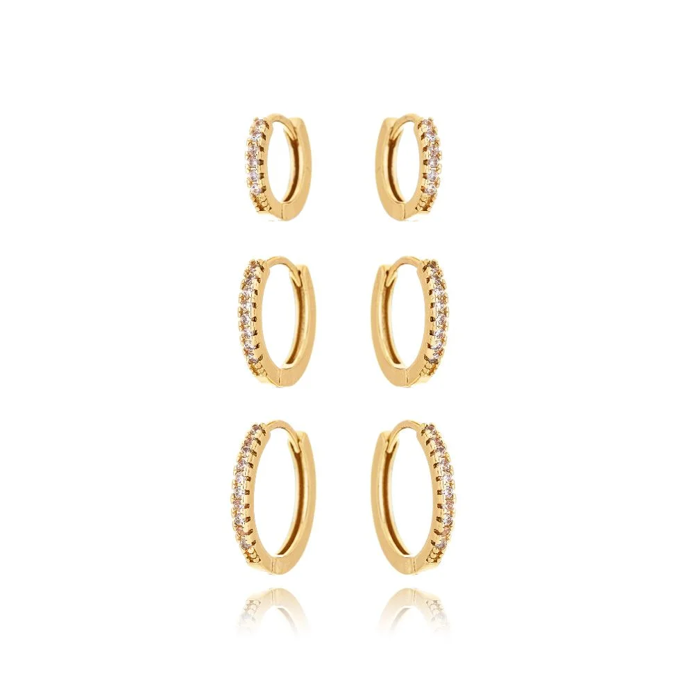 Trio Brinco Argola Classic Fio Cravejado Microzircônia Folheado A Ouro