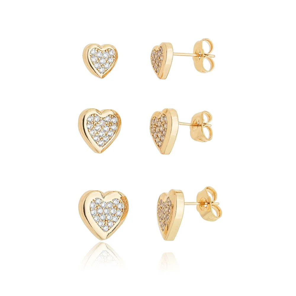 Trio Brinco Classic Coração Cravejado Microzircônia Folheado A Ouro
